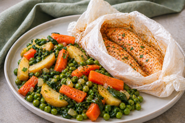 Jardinière de légumes et poulet en papillote