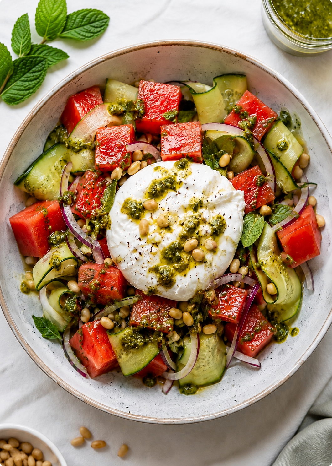 Salade de pastèque, burrata et pesto de menthe ... 